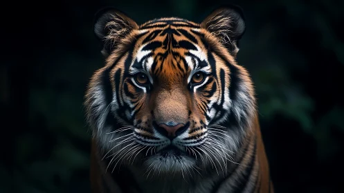 Tiger portrait in low light with detailed facial markings.
