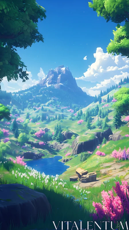 Stylized mountain valley with river and spring blossoms.