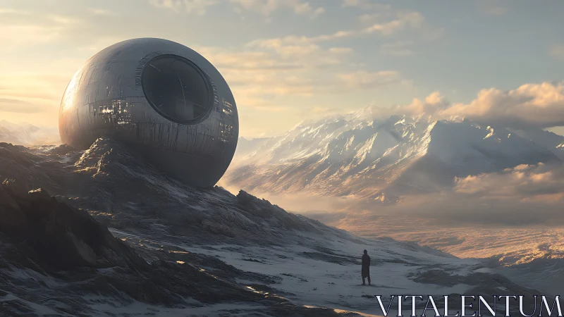 Gigantic metallic sphere rests on icy mountain ridge at dusk