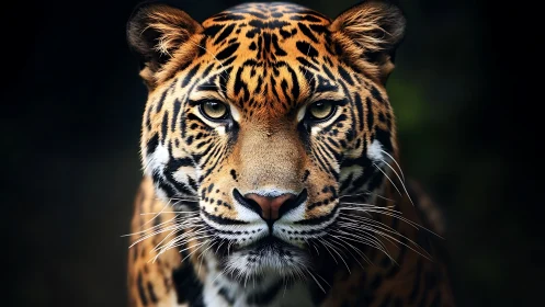 Close-up portrait of alert tiger against dark background.