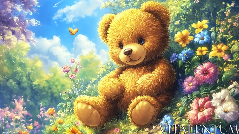 Sunny teddy bear resting amid vibrant spring blossoms.