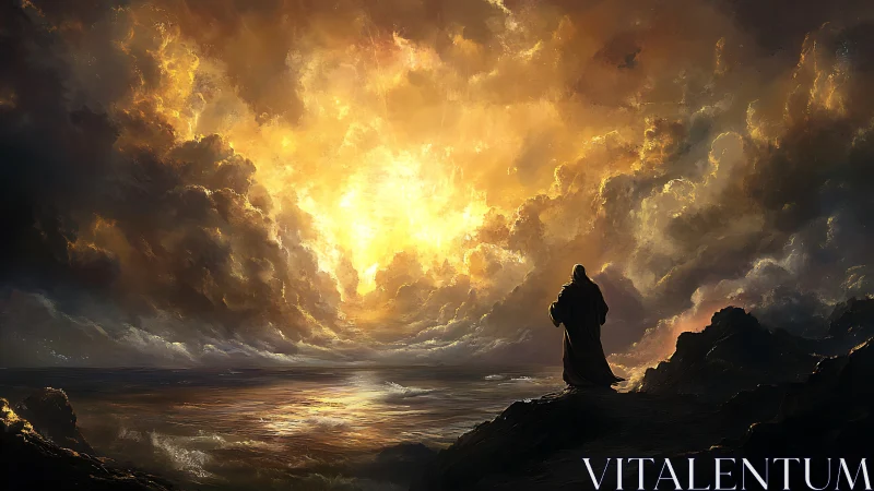 Solitary robed figure observing luminous storm horizon.