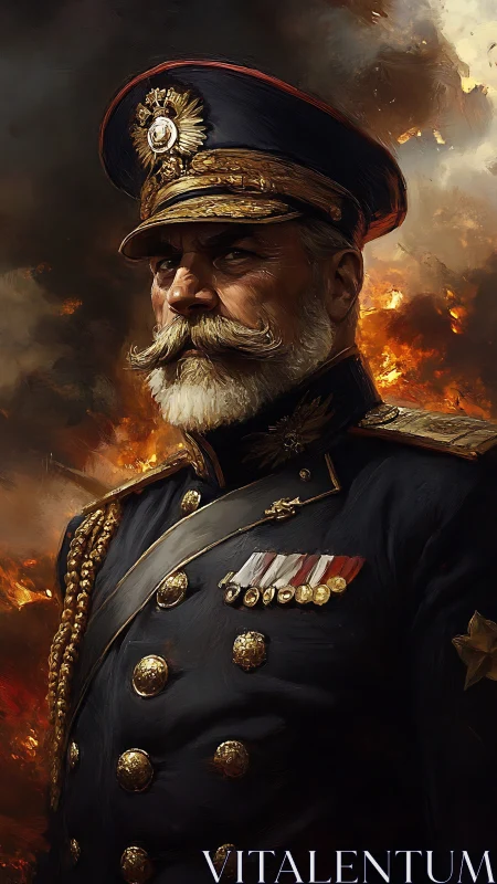 Firelit admiral stands unbowed amid roaring battlefield flames.
