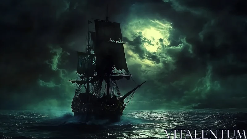 Moonlit ghost ship sails bravely through storm dark waters