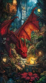 Crimson dragon surveying terraced fantasy village ecosystem.