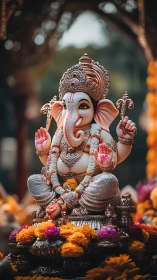 Ganesha idol with garlands amid marigold flower offerings.