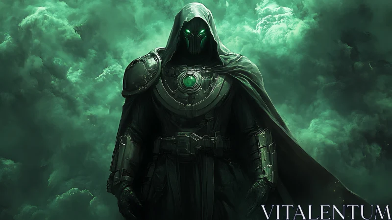 Emerald warlock in armored cloak amid swirling storm clouds.