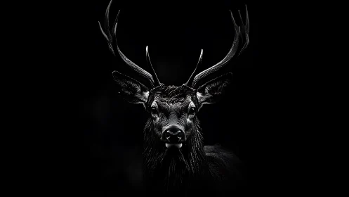 Low key monochrome stag portrait with high contrast antlers