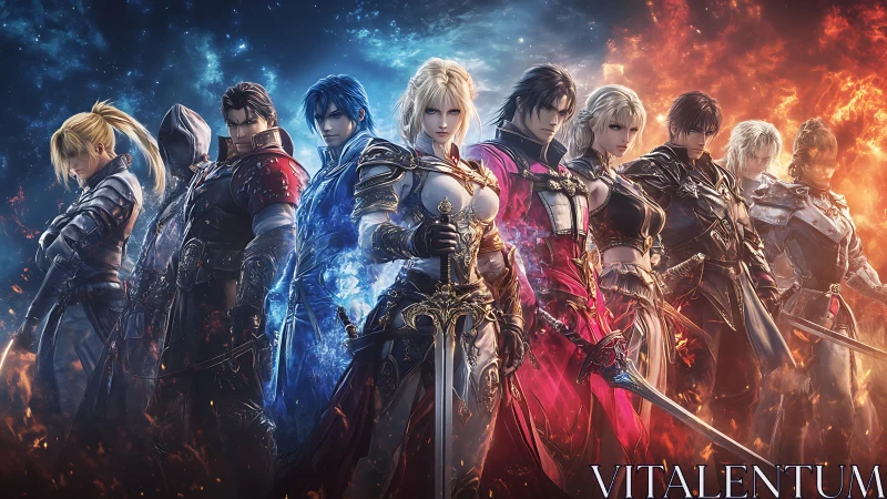 Fantasy warrior lineup with elemental fire and ice clash.