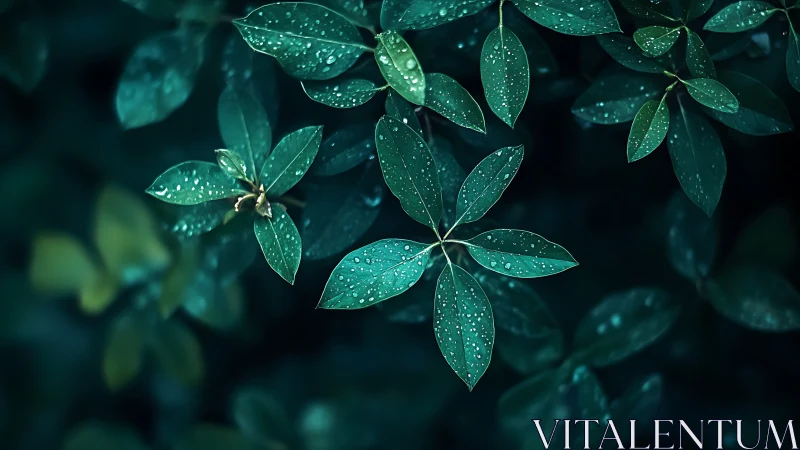Rain droplets rest on dark green leaves in soft focus