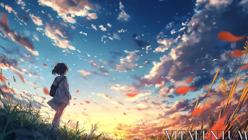 Solitary girl watches glowing sunset sky over windy field.