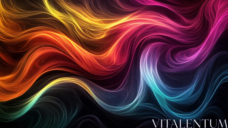 Multicolored flowing light streaks on dark abstract background.