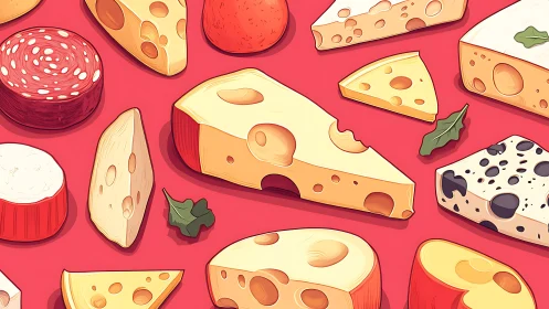 Assorted cheese and cured sausage pattern on red background.