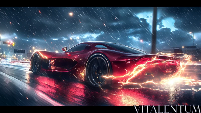 Red sports car racing through wet neon city street at night.