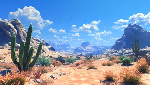 Sunlit desert canyon with towering cacti and distant mesas.