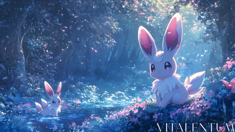 Gentle bunny friends share a moonlit moment in a glowing forest