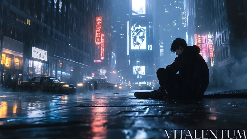 Solitary figure in neon rain on reflective city street.