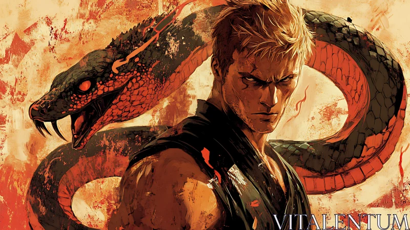 Male fighter and coiled serpent on textured orange ground.