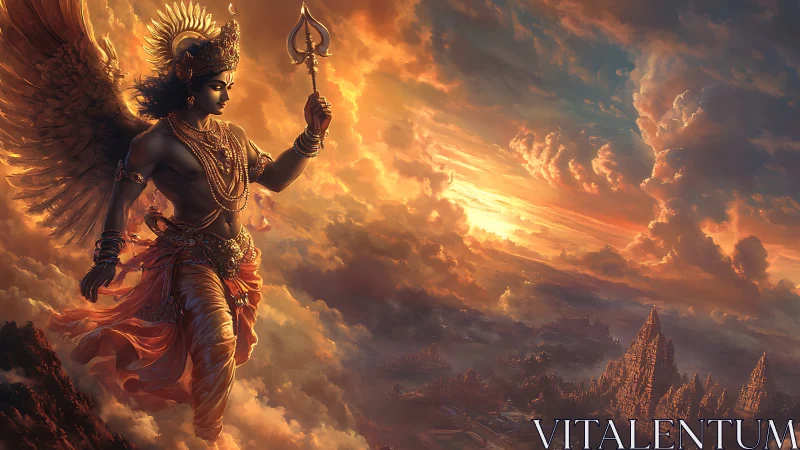 Winged celestial warrior over luminous mythic citadel skyfield.