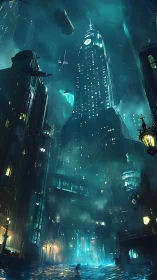 Flooded neon city with towering clocklit skyscraper.