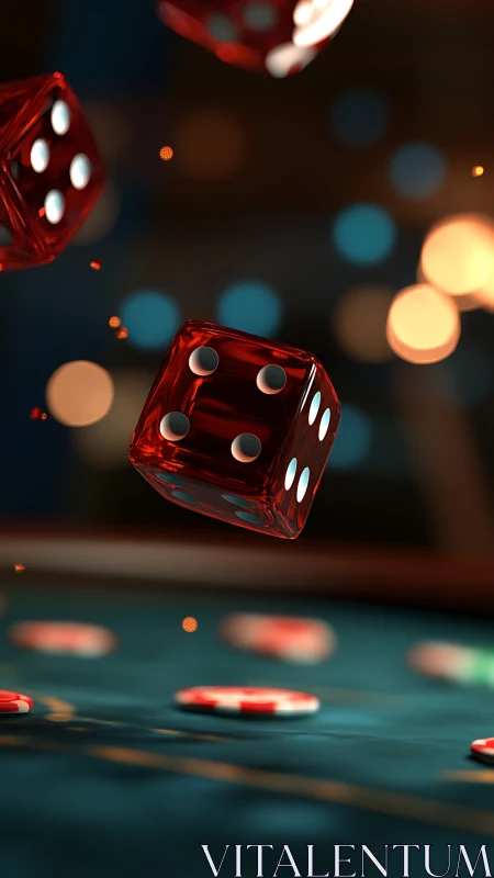 Crimson dice tumbling through a cozy casino glow.