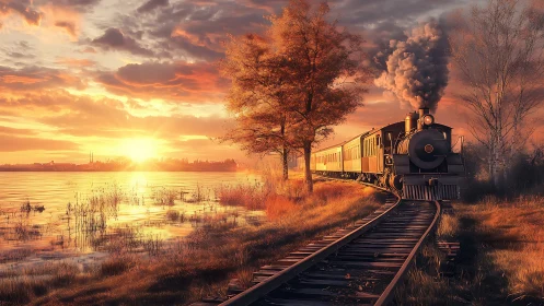 Golden hour train journey along a quiet lakeside curve.