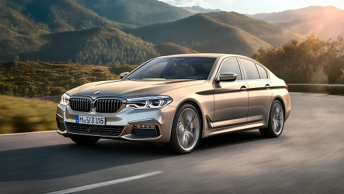 Executive sedan on mountain highway with dynamic sunlight modeling.