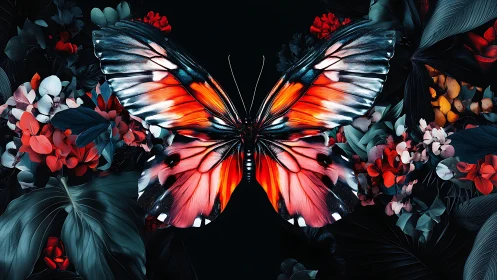 Nocturnal emberwing butterfly amid neon jungle bloom.