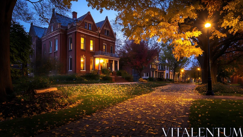 Brick residential street at dusk with autumn foliage lighting.