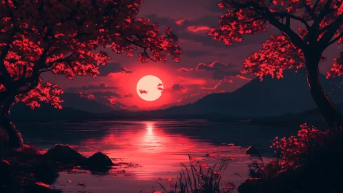 Crimson moon over tranquil lake framed by glowing trees.