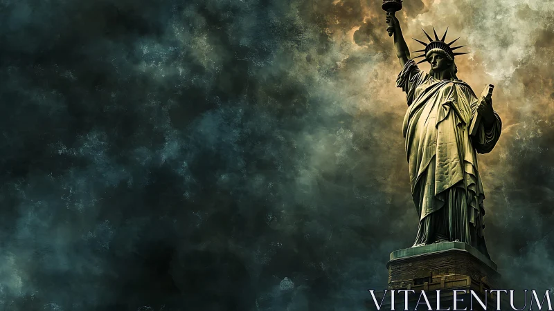 Statue of Liberty rising against dark stormy clouds sky.