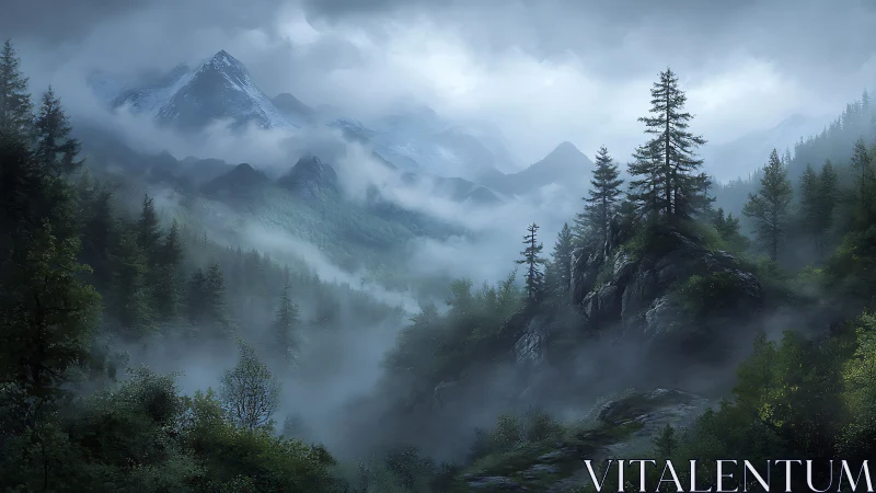 Digital painting of mist-laden alpine conifer forest panorama.
