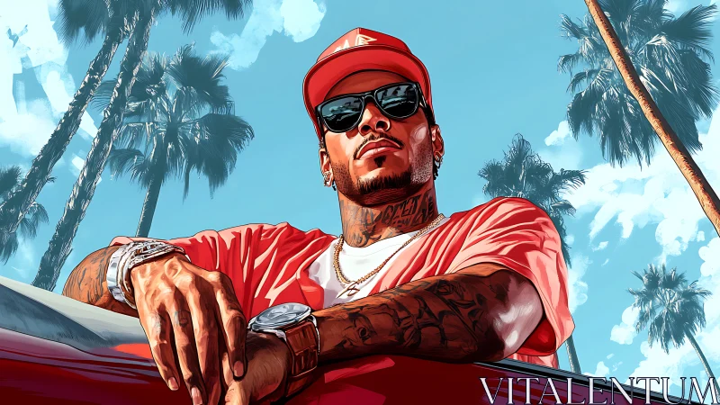 Confident man leans from red car beneath towering palm trees.