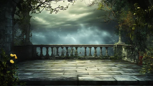 Stone terrace overlooks misty water under overcast sky