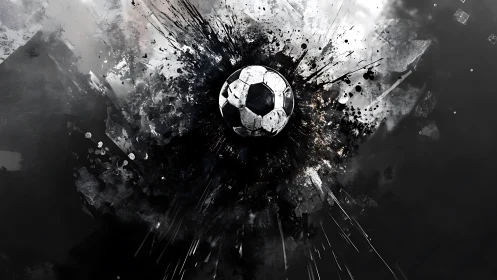 Monochrome soccer ball explodes through abstract ink storm.