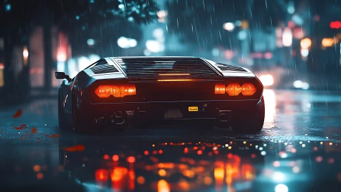 Retro sports car in neon-lit rain with cinematic back view