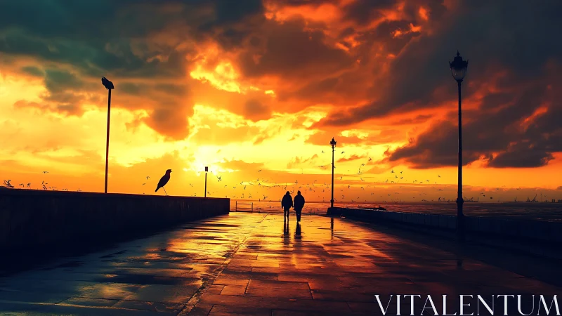 Digital painting promenade at sunset with reflective wet pavement.