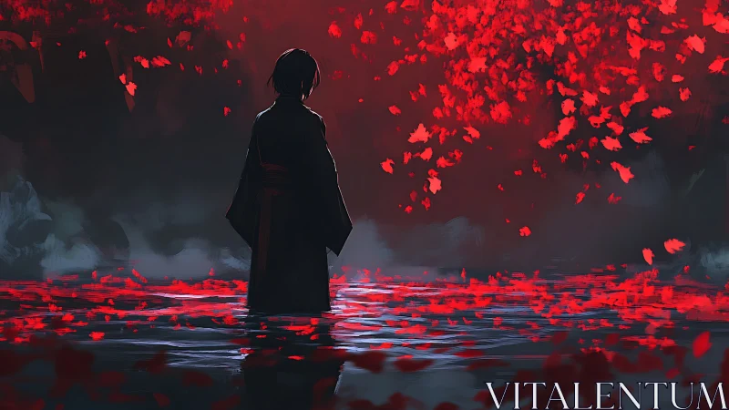 Backlit figure in kimono stands in reflective water under red foliage