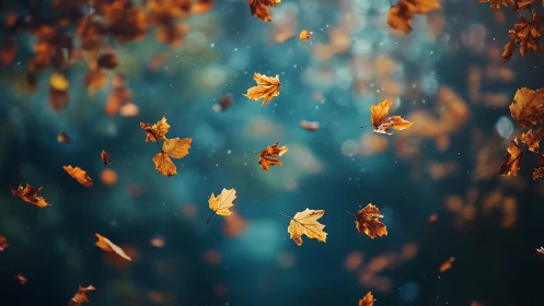 Falling maple leaves are suspended against a soft blue bokeh
