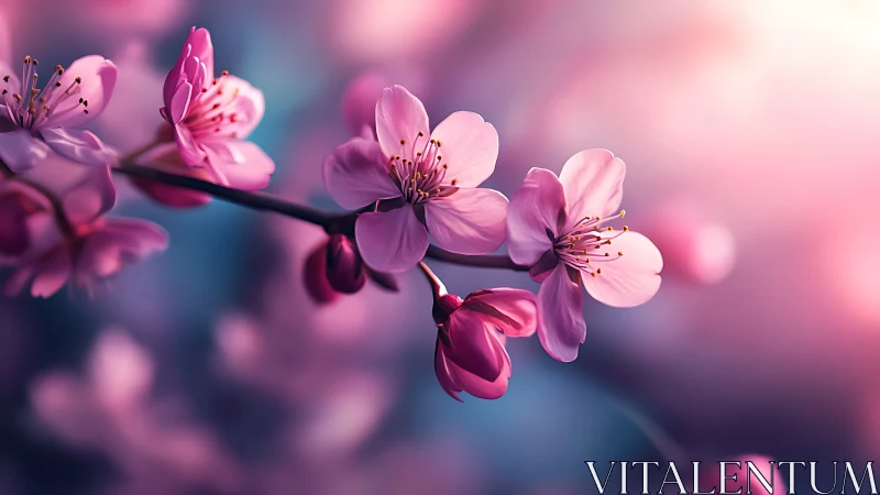 Pink Cherry Blossoms Branch with Soft Bokeh Background