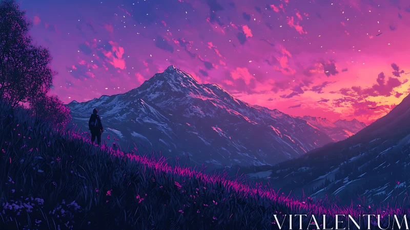 Silhouetted hiker observes stylized alpine range at dusk