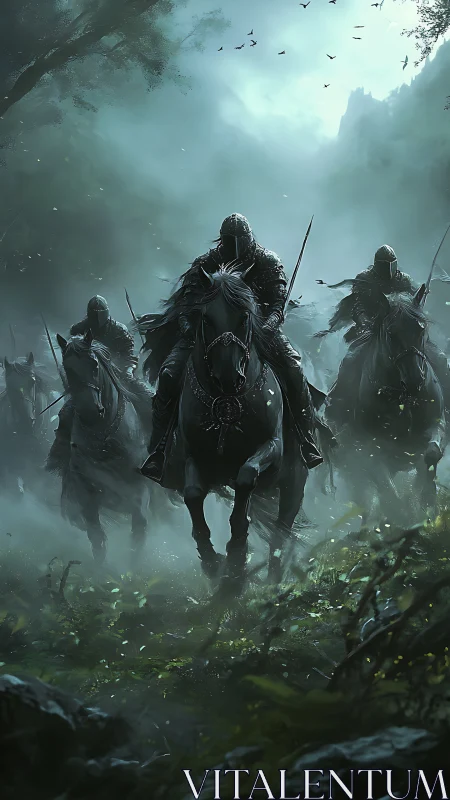 Armored cavalry charge through misted forest ravine at dawn