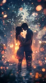 Silhouetted Couple Embracing Under Luminous Particle Rain