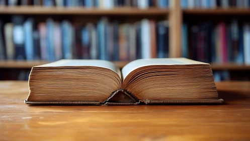 Old hardcover book lying open on wooden library table.