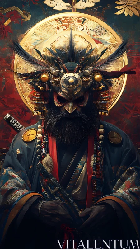 Crow masked shogun-priest beneath a burning golden halo.