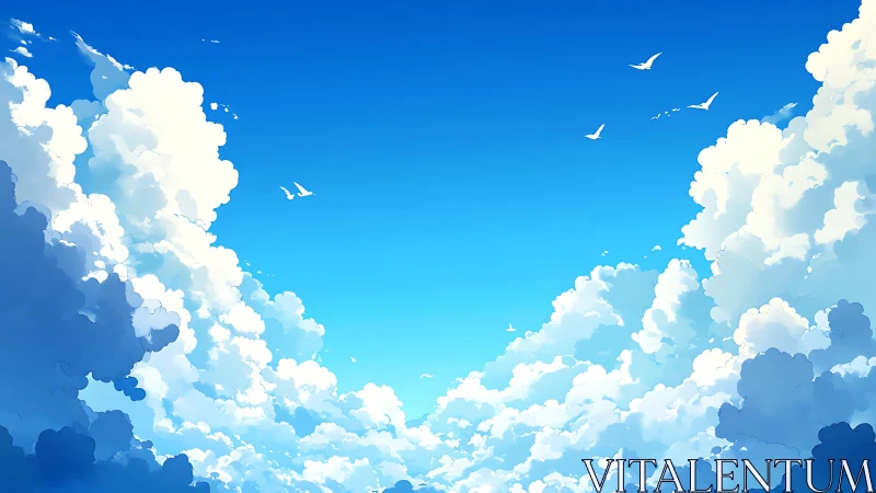 Digital sky illustration shows cumulus clouds and distant birds