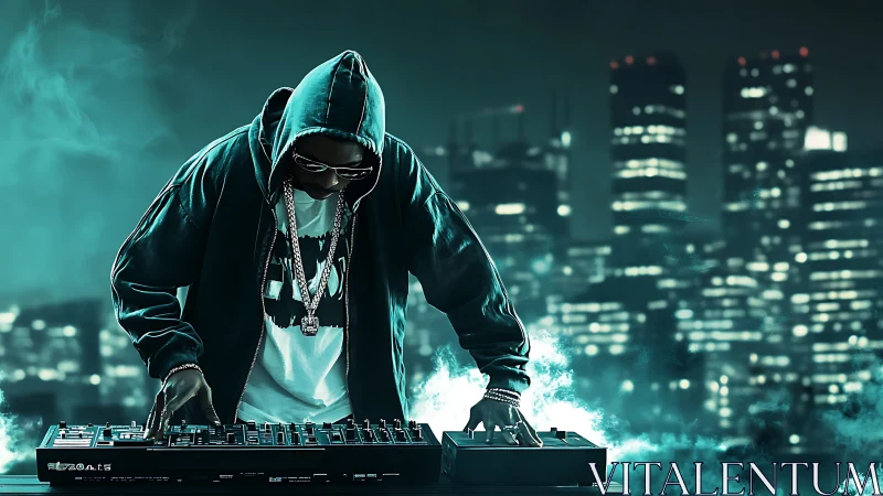 Hooded DJ mixing beats over smoky neon city skyline.