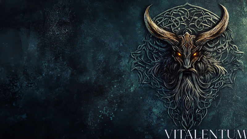 Demonic horned visage with glowing eyes on dark teal wall.