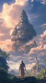 Giant serene deity statue rising above misty mountains.