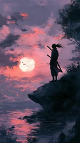 Lone samurai stands on cliff over sea at vivid sunset.